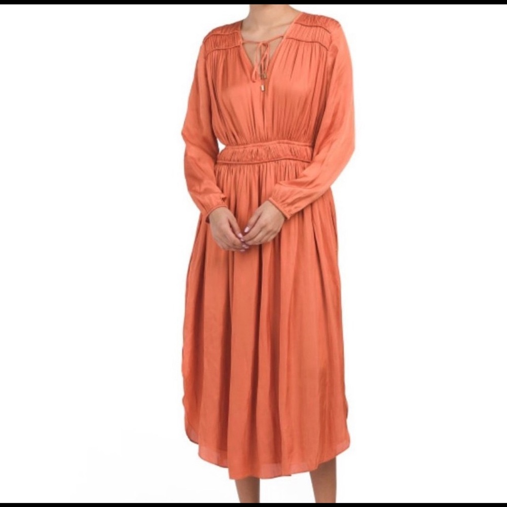 $395 ELIE TAHARI Long Sleeve Flare Midi Dress M Sunrise Orange Pleated Smocked